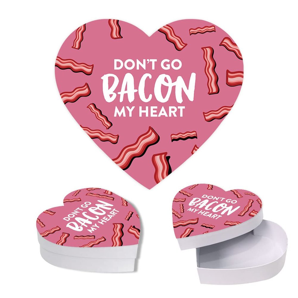 Andaz Press Valentine's Day Heart Shaped Box With Lid Don'T Go Bacon My Heart Treat Reusable Heart Shaped Valentines Box For Bacon, Reusable Food Safe Gift Boxes, 8"X6", 1-Pack
