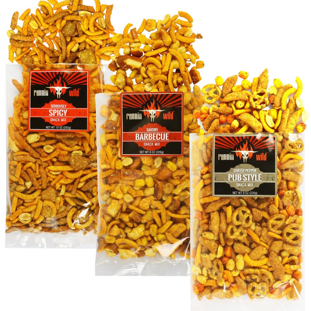 Snack Mix Variety Pack | Spicy, BBQ, and Cheesy Pepper Pub Style Party Mix | Runnin' Wild Foods, 1.5 Pounds total (Box of 3 bags, 8oz each)