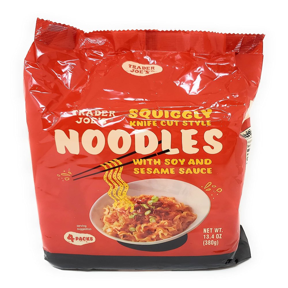 Trader Joes Squiggly Knife Cut Noodles with Soy & Sesame Sauce (4 Individual Packs Per Package) Net Wt. 13.4 Oz (380g) - Pack of 1