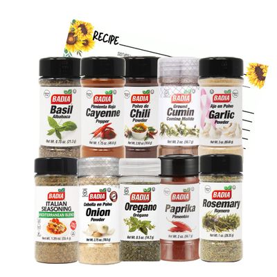 June Street Market New Kitchen Starter 10 Piece Gift Set with Basil, Cayenne, Chili Powder, Cumin, Garlic, Italian, Onion Powder, Oregano, Rosemary, Paprika and Blank Recipe Cards (style may vary)