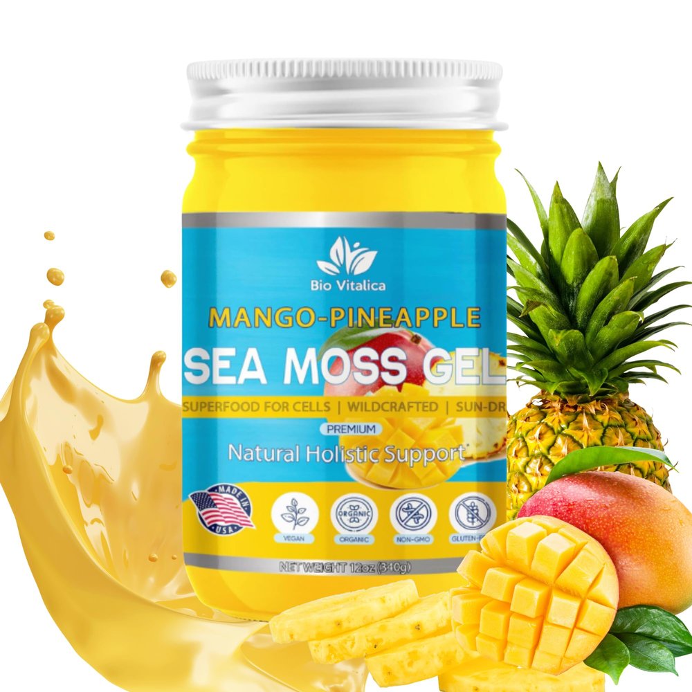 Sea Moss Gel by BioVitalica - Irish sea Moss raw Organic - Premium Quality - Dr Sebi, Vegan superfood for Cells - 100% Natural Seamoss Gel - (Pack of 1, Mango-Pineapple)