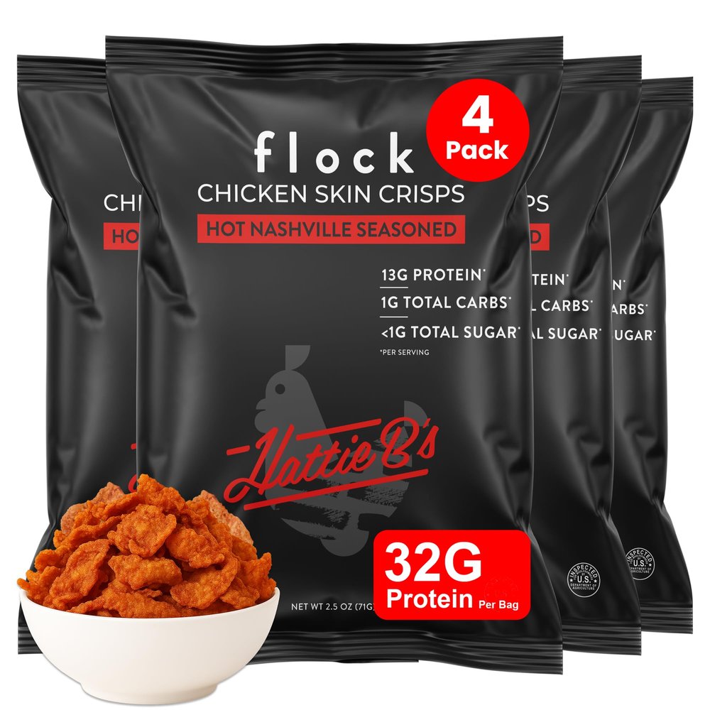 Flock Keto Chicken Skin Chips | Hattie Bs Nashville Hot Flavor | Keto Friendly, Low Carb, High Protein, Flavor Packed, Gluten Free Single Serve Snack | (2.5oz) 4-Pack