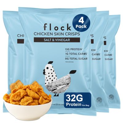 Flock Keto Chicken Skin Chips Big bags | Salt and Vinegar Flavo | Low Carb, High Protein, Gluten-Free Chicken Crisps Large bags, Keto Snack, Protein Crackers, family size Diet Snacks, 4-Pack (2.5oz)