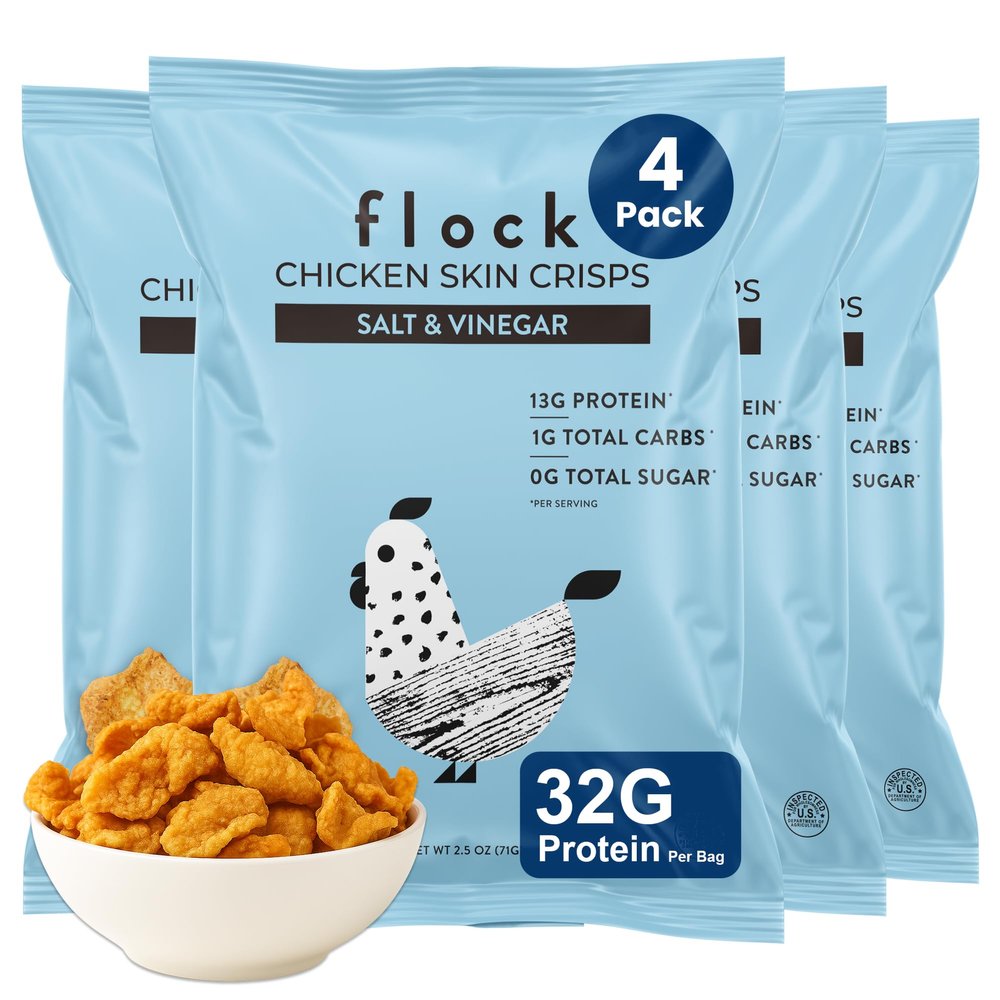 Flock Keto Chicken Skin Chips Big bags | Salt and Vinegar Flavo | Low Carb, High Protein, Gluten-Free Chicken Crisps Large bags, Keto Snack, Protein Crackers, family size Diet Snacks, 4-Pack (2.5oz)