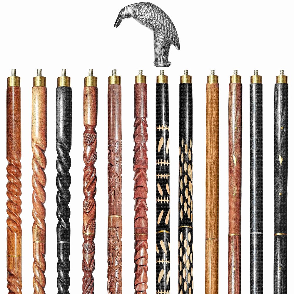 A.A.Nauticals Wooden Walking Stick Cane for Men & Women-Raven Head, Vintage Handmade Personalized & Collapsible, Gift for Men(12 Walking Sticks Design, Silver Polished Brass Head/Handle)-AANWS24-WS3