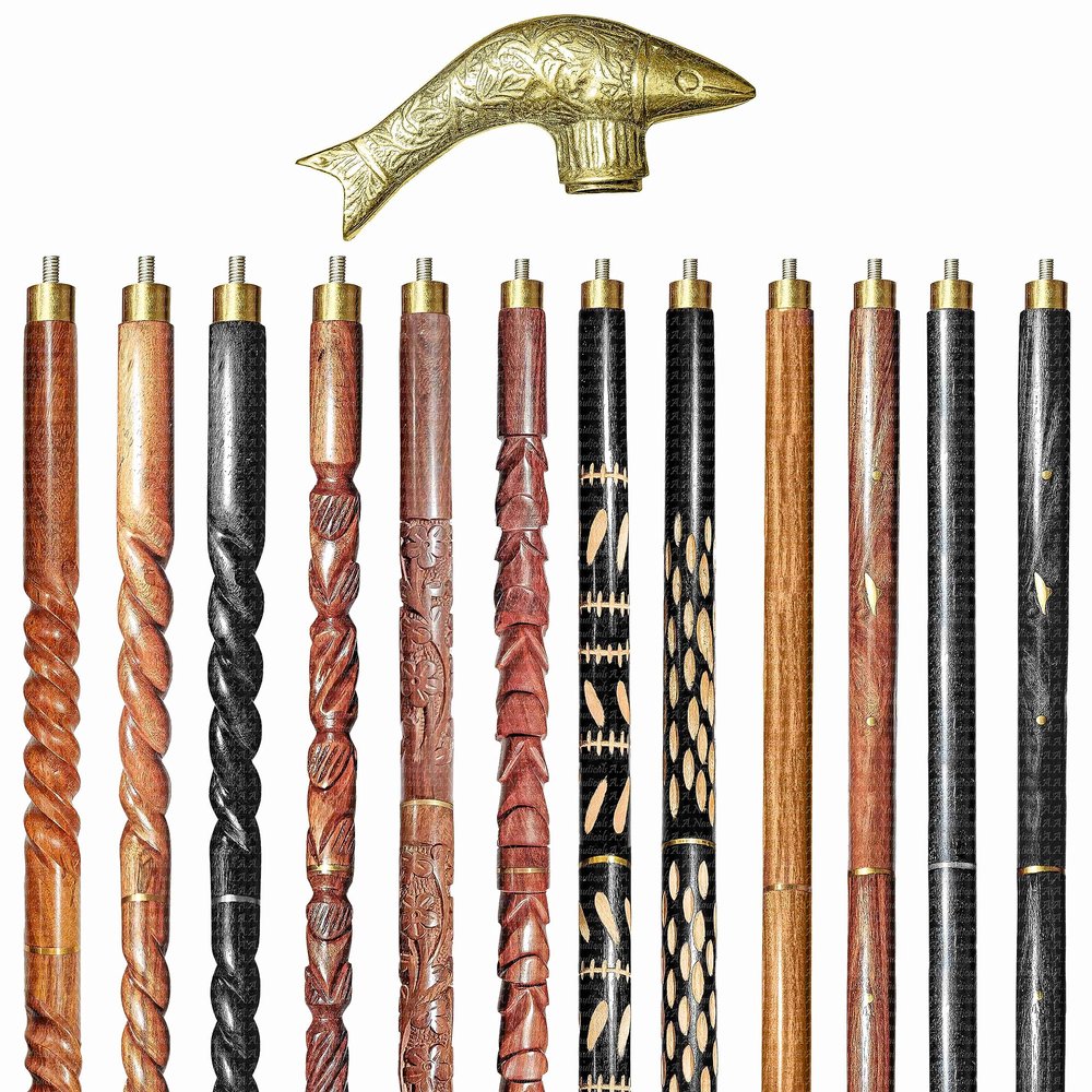 A.A.Nauticals Wooden Walking Stick Cane for Men & Women-Fish Handle, Vintage Handmade Personalized & Collapsible, Gift for Men(12 Walking Sticks Design, Golden Polished Brass Head/Handle)-AANWS19-WS7