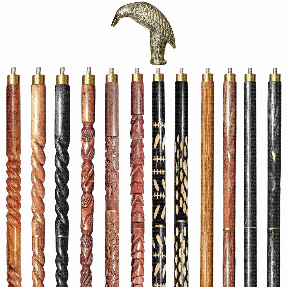 A.A.Nauticals Wooden Walking Stick Cane for Men & Women-Raven Head, Vintage Handmade Personalized & Collapsible, Gift for Men(12 Walking Sticks Design, Golden Polished Brass Head/Handle)-AANWS24-WS4