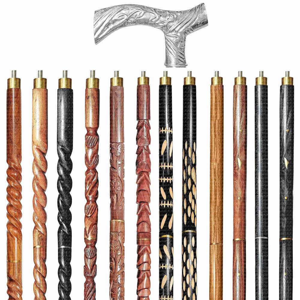 A.A.Nauticals Wooden Walking Stick Cane for Men & Women, Vintage Handmade Personalized & Collapsible, Gift for Men(12 Walking Sticks Design, Silver Polished Brass Head/Handle)-AANWS20-WS12