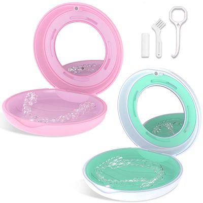2PCS Retainer Case with Mirror and Adjustable Vent Holes, Cute Slim Aligner Case Compatible with Invisalign, Night Mouth Guard Case, With Retainer Remover Tool, Chew & Brush, White+Pink