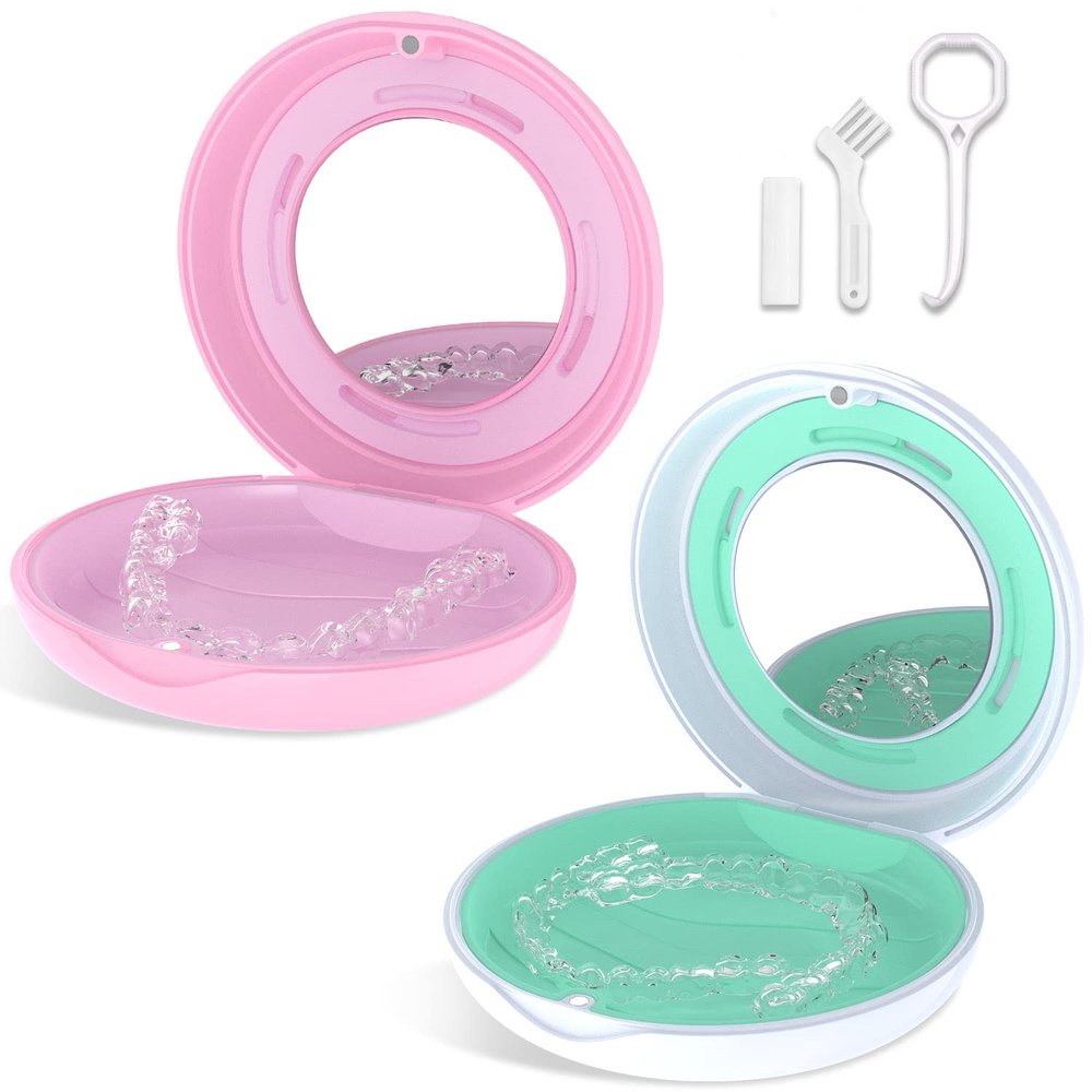 2PCS Retainer Case with Mirror and Adjustable Vent Holes, Cute Slim Aligner Case Compatible with Invisalign, Night Mouth Guard Case, With Retainer Remover Tool, Chew & Brush, White+Pink