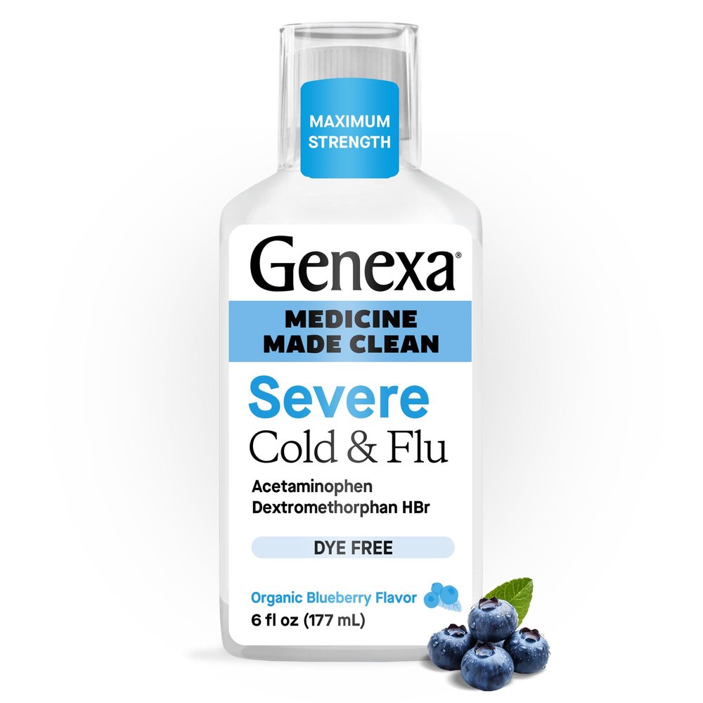 Genexa Clean Cold & Flu Relief, Dye Free, 0% Artificial Additives, Severe Daytime Medicine for Body Pain, Cough, Cold and Flu, Headache, Fever, Chest Congestion, Organic Blueberry Flavor, 6 fl oz