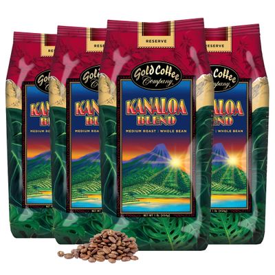 Gold Coffee | Kanaloa Premium House Blend, Medium Roast, Whole Bean | 100% Arabica Coffee | 1 lb. (Pack of 4)