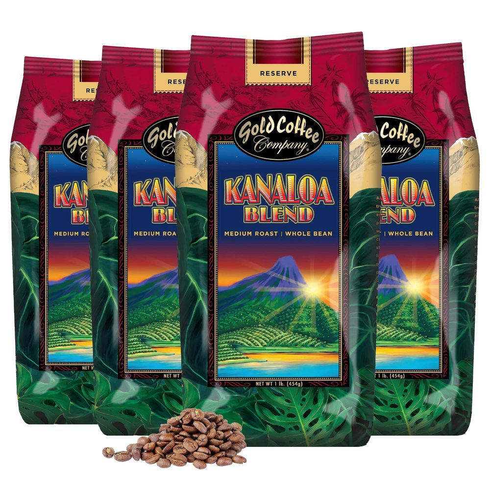 Gold Coffee | Kanaloa Premium House Blend, Medium Roast, Whole Bean | 100% Arabica Coffee | 1 lb. (Pack of 4)