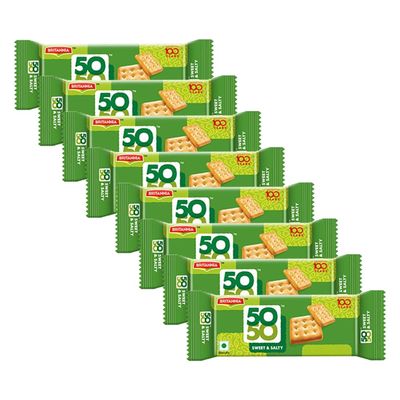 Britannia Crackers 50 50 Sweet and Salty Biscuit 2.19oz (62g) - Delicious, Light & Crispy Grocery Cookies - Best Treat for Friends & Family (Pack of 8)