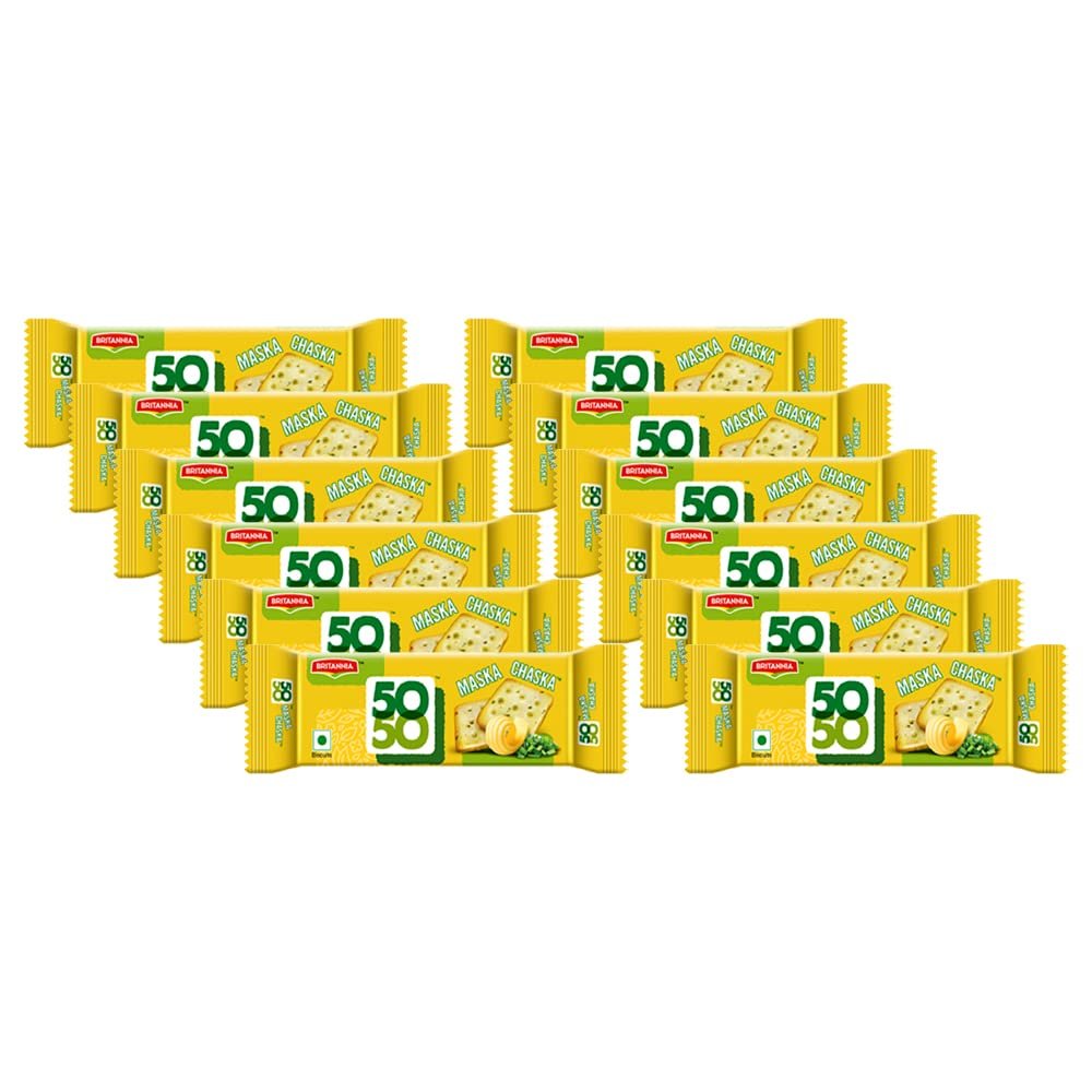 Britannia Crackers 50 50 Maska Chaska Biscuit 2.19oz (62g) - Dipped in Butter and Peppered - Delicious, Light & Crispy Cookies (Pack of 12)