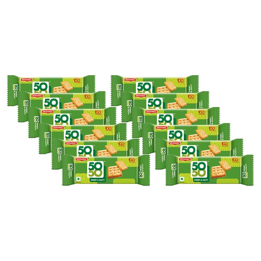 BRITANNIA Crackers 50 50 Sweet and Salty Biscuit 2.19oz (62g) - Delicious, Light & Crispy Grocery Cookies - Best Treat for Friends & Family (Pack of 12)