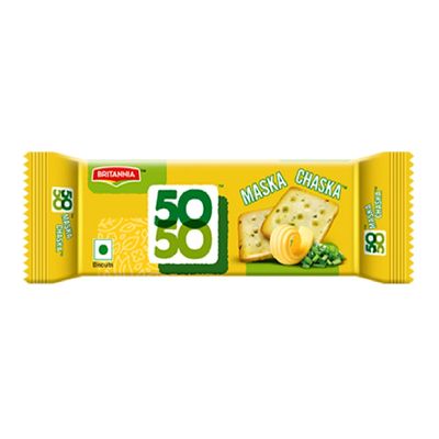 Britannia Crackers 50 50 Maska Chaska Biscuit 2.19oz (62g) - Dipped in Butter and Peppered - Delicious, Light & Crispy Cookies (Pack of 24)