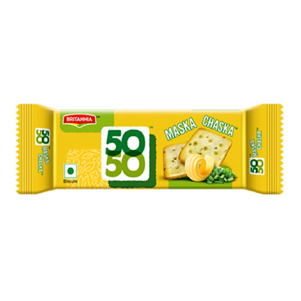 Britannia Crackers 50 50 Maska Chaska Biscuit 2.19oz (62g) - Dipped in Butter and Peppered - Delicious, Light & Crispy Cookies (Pack of 24)