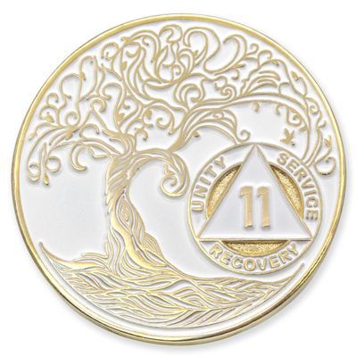 1 to 50 Year Twisted Tree of Life Sobriety Coin - Gold Plated AA Chips & Medallions - 11 Year Sobriety Coin - White