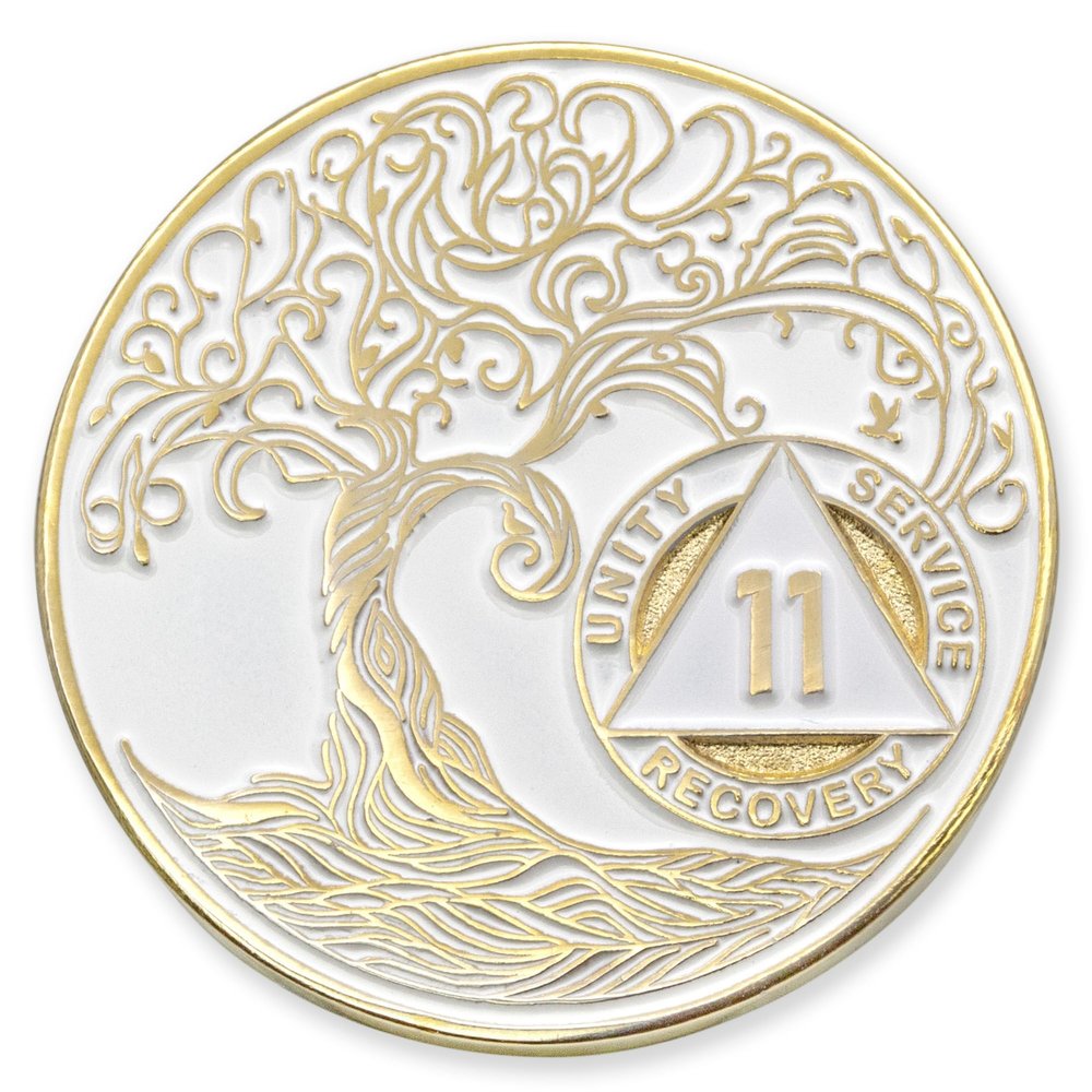 1 to 50 Year Twisted Tree of Life Sobriety Coin - Gold Plated AA Chips & Medallions - 11 Year Sobriety Coin - White