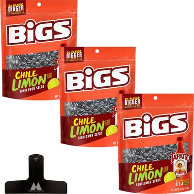 BIGS Chile Limon Flavored Sunflower Seeds - 5.35 oz Bags (Pack of 3) - With Mighty Merchandise Bag Clip