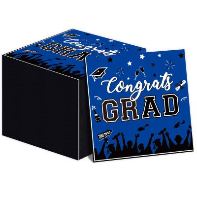 100 Pack Graduation Party Disposable Napkins Blue 2025 Congrats Grad Paper Napkins Congratulate Graduation Themed Party Luncheon Napkins for College High School Graduation Table Supplies