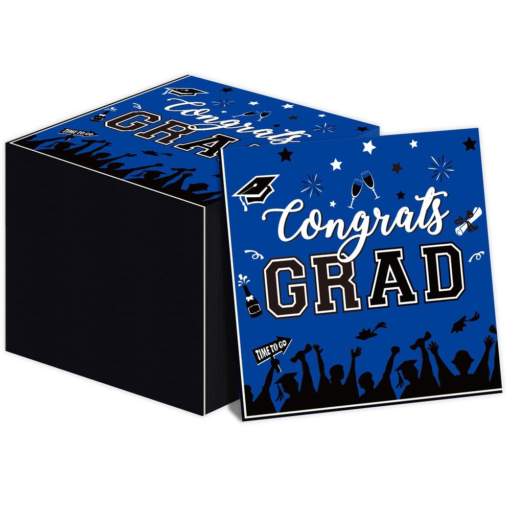 100 Pack Graduation Party Disposable Napkins Blue 2025 Congrats Grad Paper Napkins Congratulate Graduation Themed Party Luncheon Napkins for College High School Graduation Table Supplies