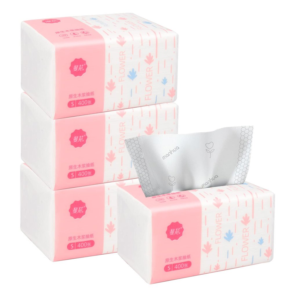 Pack of 4, Small Facial Tissue, Toilet Paper, Bag Cover, Disposable Napkin, Material Wood Pulp Fiber NOT COTTON, White Facial Paper Tissues, 5-Ply, 400 Sheets per Pack