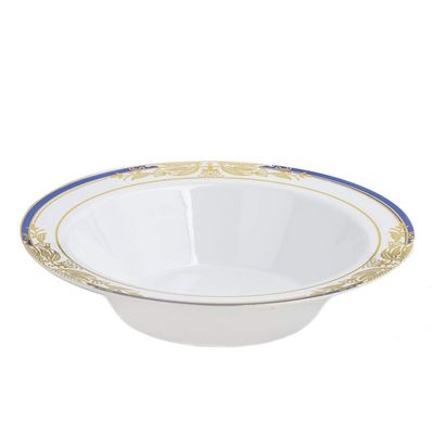 10 pcs 12 oz White Plastic Bowls with Gold and Blue Trim - Disposable Wedding Party Home Tableware Supplies