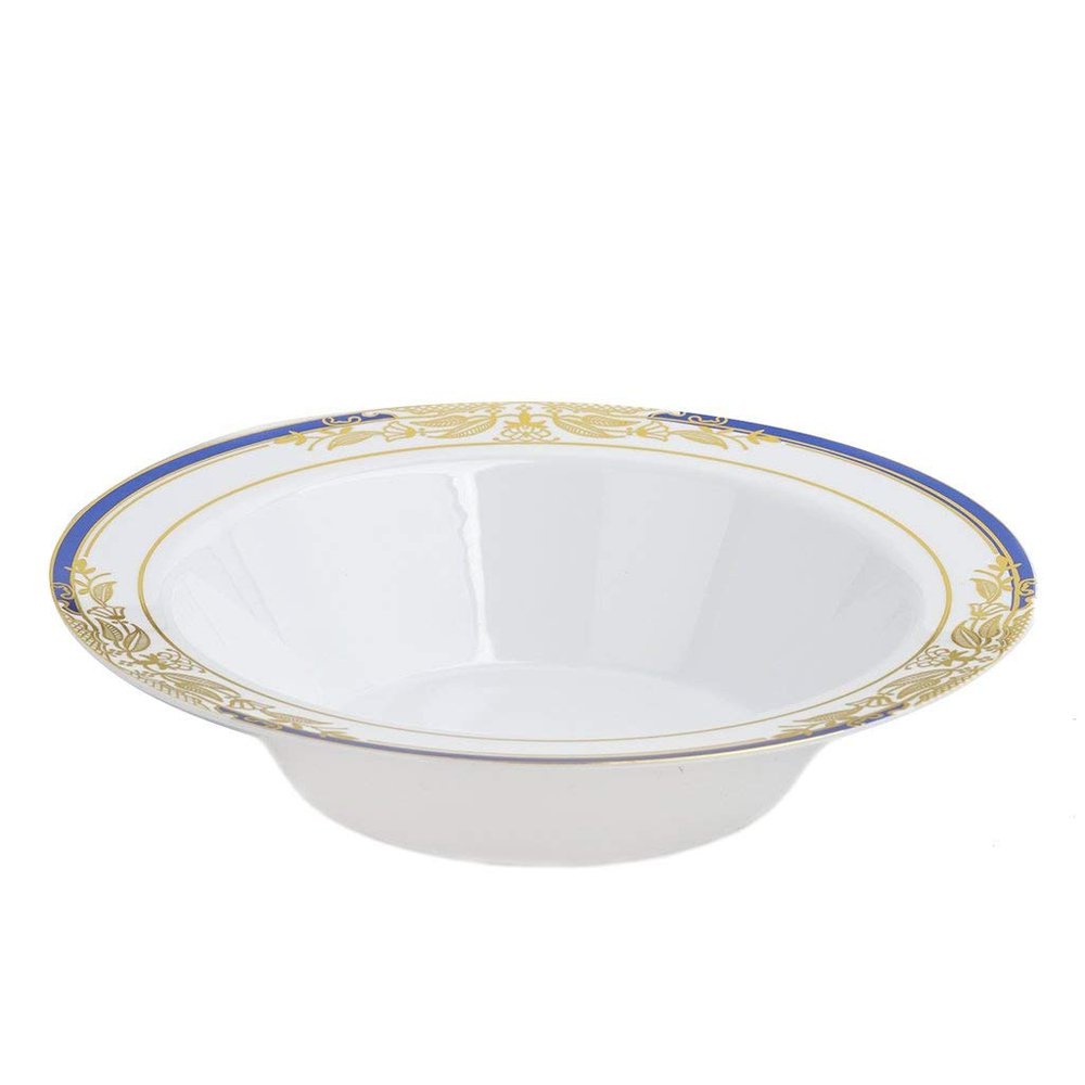 10 pcs 12 oz White Plastic Bowls with Gold and Blue Trim - Disposable Wedding Party Home Tableware Supplies
