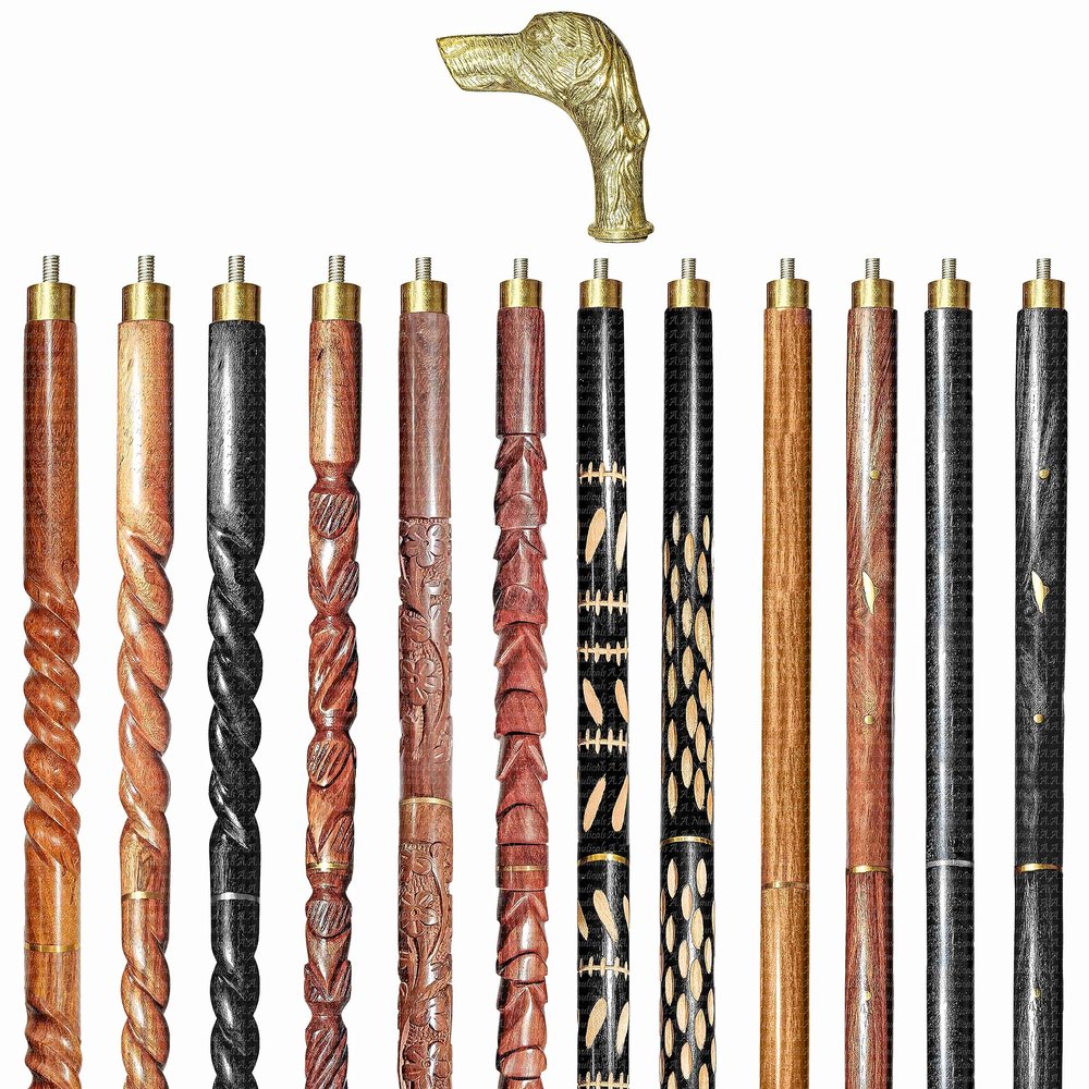 A.A.Nauticals Wooden Walking Stick Cane for Men & Women-Dog Handle, Vintage Handmade Personalized & Collapsible, Gift for Men (12 Walking Sticks Design, Golden Polished Brass Head/Handle)-AANWS41-WS7