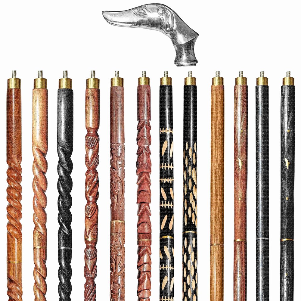 A.A.Nauticals Wooden Walking Stick Cane for Men & Women-Dog Handle, Vintage Handmade Personalized & Collapsible (12 Walking Sticks Design, Silver Polished Brass Head/Handle)-AANWS42-WS11