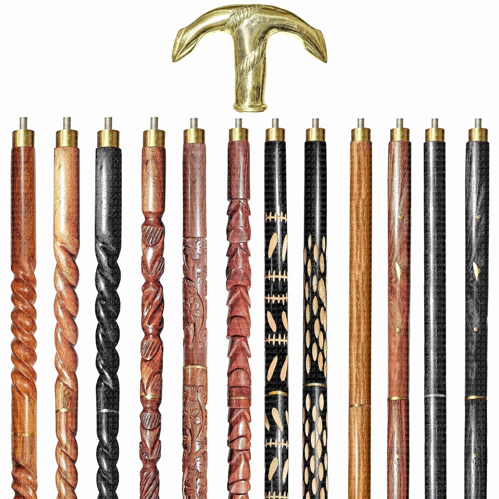 A.A.Nauticals Wooden Walking Stick Cane for Men & Women-Anchor Handle, Vintage Handmade Personalized & Collapsible(12 Walking Sticks Design, Golden Polished Brass Head/Handle)-AANWS31-WS12