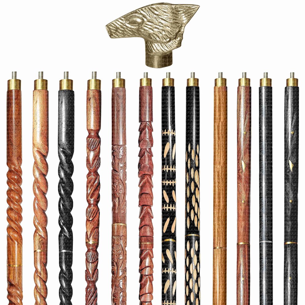 A.A.Nauticals Wooden Walking Stick Cane for Men & Women-Wolf Handle, Vintage Handmade Personalized & Collapsible (12 Walking Sticks Design, Brown Antique Aluminum Head/Handle)-AANWS67-WS3