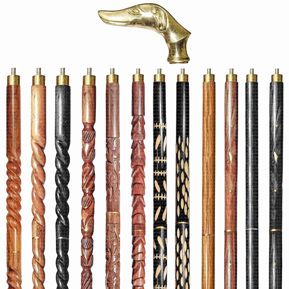 A.A.Nauticals Wooden Walking Stick Cane for Men & Women-Dog Handle, Vintage Handmade Personalized & Collapsible, Gift for Men (12 Walking Sticks Design, Golden Polished Brass Head/Handle)-AANWS42-WS5