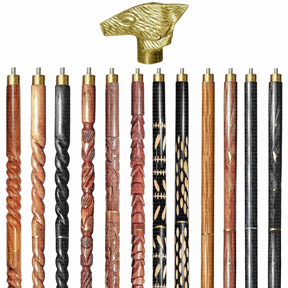 A.A.Nauticals Wooden Walking Stick Cane for Men & Women-Wolf Handle, Vintage Handmade Personalized & Collapsible (12 Walking Sticks Design, Golden Polished Aluminum Head/Handle)-AANWS67-WS3