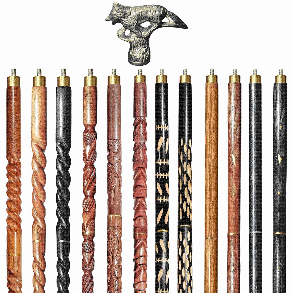 A.A.Nauticals Wooden Walking Stick Cane for Men & Women-Fox Handle, Vintage Handmade Personalized & Collapsible (12 Walking Sticks Design, Black Antique Aluminum Head/Handle)-AANWS72-WS10