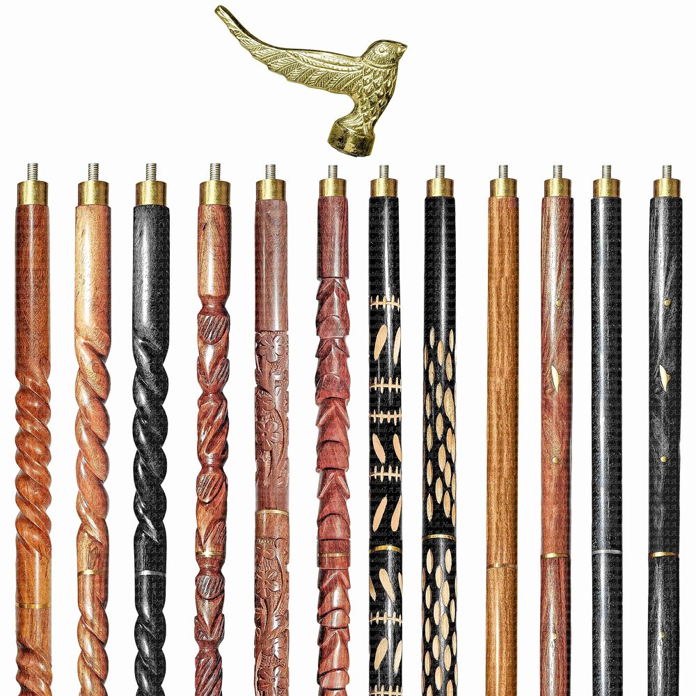 A.A.Nauticals Wooden Walking Stick Cane for Men & Women-Bird Handle, Vintage Handmade Personalized & Collapsible (12 Walking Sticks Design, Golden Polished Aluminum Head/Handle)-AANWS69-WS10