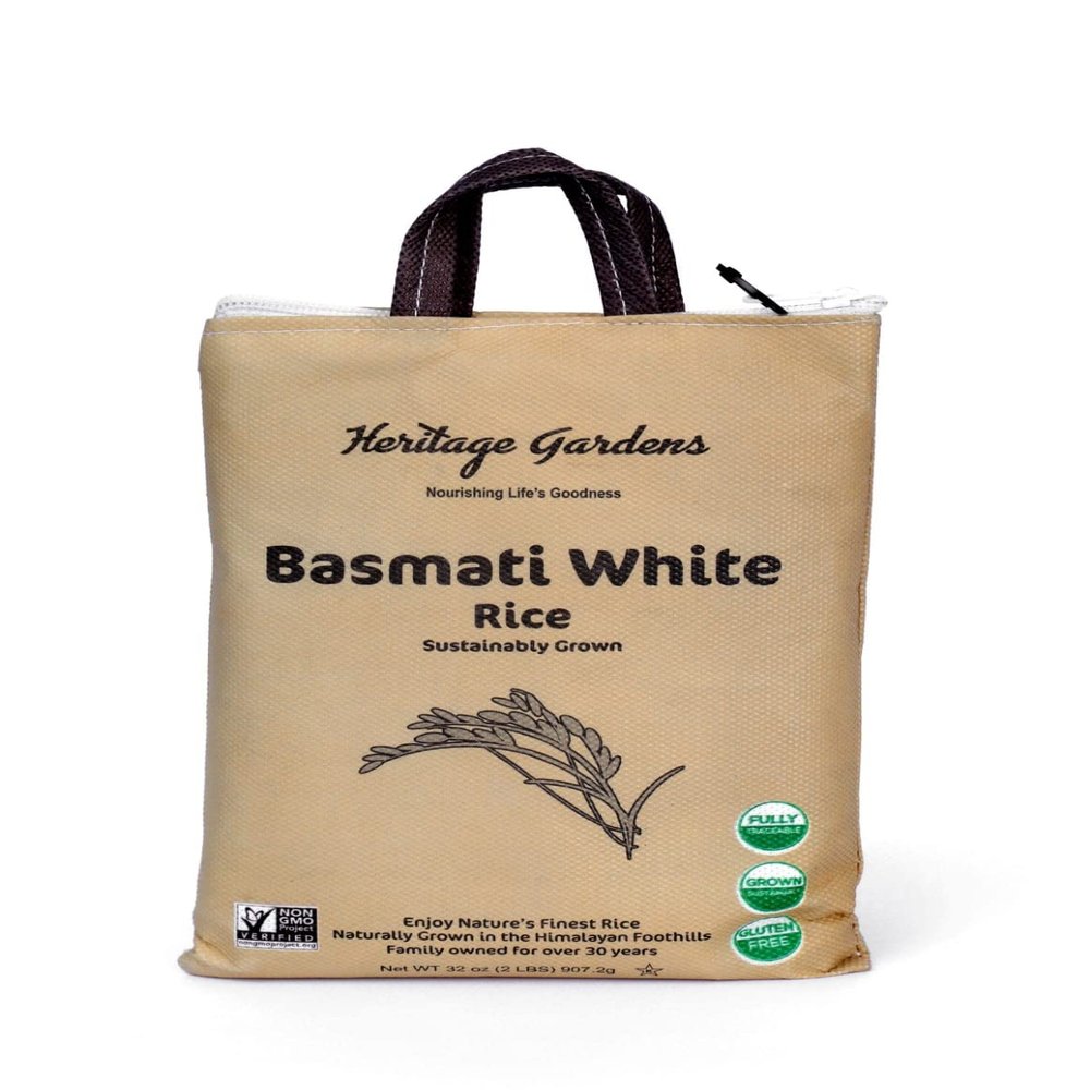 Heritage Gardens - Non-GMO Basmati White Rice 32 oz (1-Pack) - Non-GMO, Natural Aged Aroma, Gluten Free, Allergen Free, Low-Arsenic, Sustainably Sourced, Non-Sticky Rice