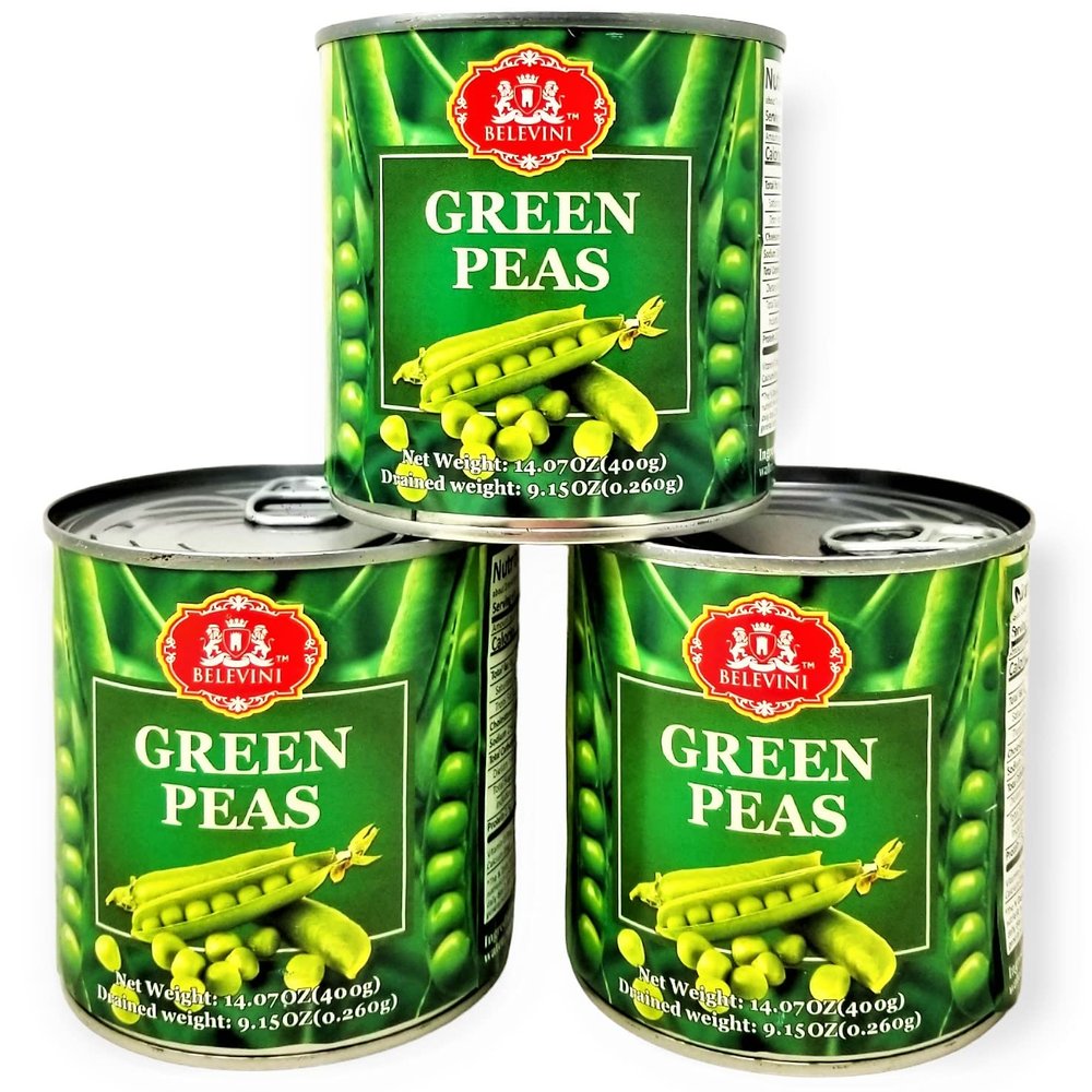 Belevini Green Peas, Made from Fresh Vegetable, No Preservatives Added, Kosher, 14.07oz/400 grams, Pack of 3