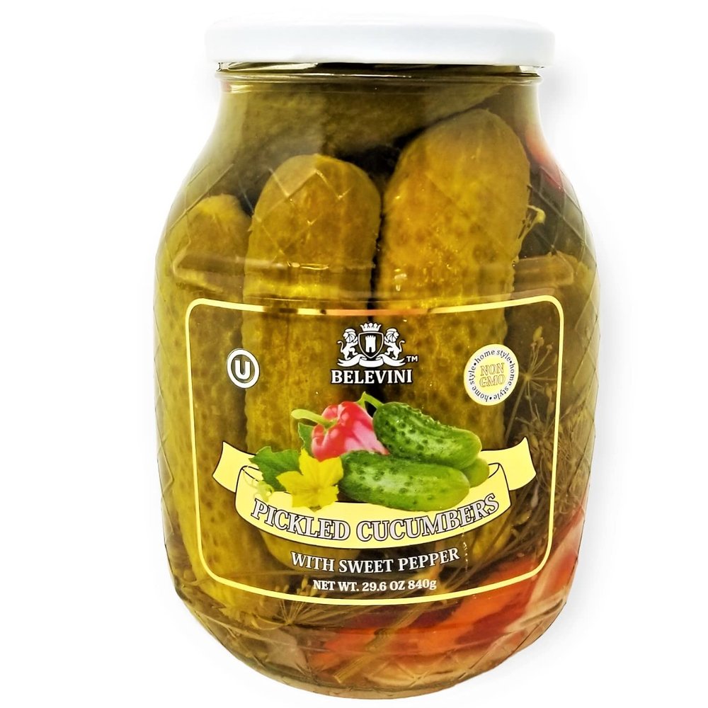 Belevini Pickled Cucumbers with Sweet Pepper, Kosher, Vegan, Non-GMO, 29.6oz/840 grams, Pack of 1