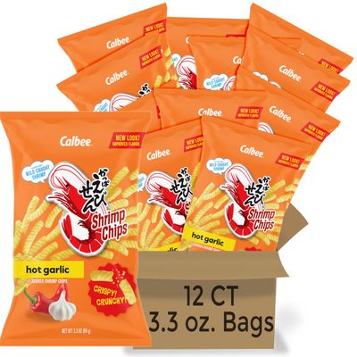 Calbee Shrimp Chips (Hot Garlic, 4.0 oz) (12 Pack) | Baked To Crunchy Perfection