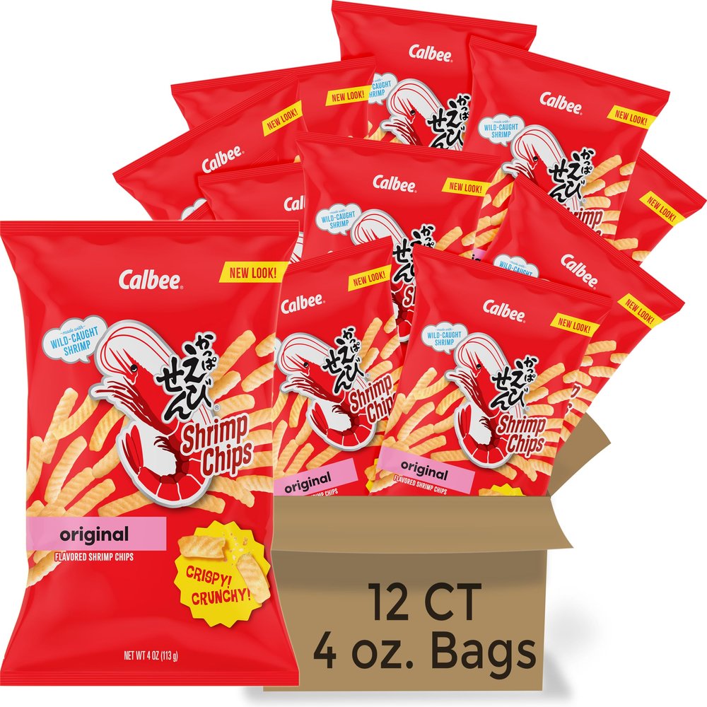 Calbee Shrimp Chips (Original, 4.0 oz) | Japanese Chips Made With Real Wild-Caught Shrimp & Baked To Crunchy Perfection | Indulge In Irresistible Shrimp Flavoured Chips (12 Pack)