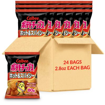 Calbee Potato Chips (Hot & Spicy, 2.8 oz) | Taste The Tradition of Japanese Snacks | Enjoy These Irresistible & Deliciously Crunchy Japanese Chips (24 Pack)