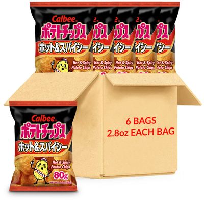Calbee Potato Chips (Hot & Spicy, 2.8 oz) | Taste The Tradition of Japanese Snacks | Enjoy These Irresistible & Deliciously Crunchy Japanese Chips (6 Pack)