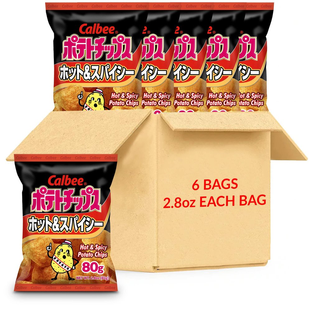 Calbee Potato Chips (Hot & Spicy, 2.8 oz) | Taste The Tradition of Japanese Snacks | Enjoy These Irresistible & Deliciously Crunchy Japanese Chips (6 Pack)