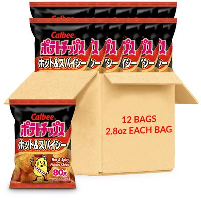 Calbee Potato Chips (Hot & Spicy, 2.8 oz) | Taste The Tradition of Japanese Snacks | Enjoy These Irresistible & Deliciously Crunchy Japanese Chips (12 Pack)