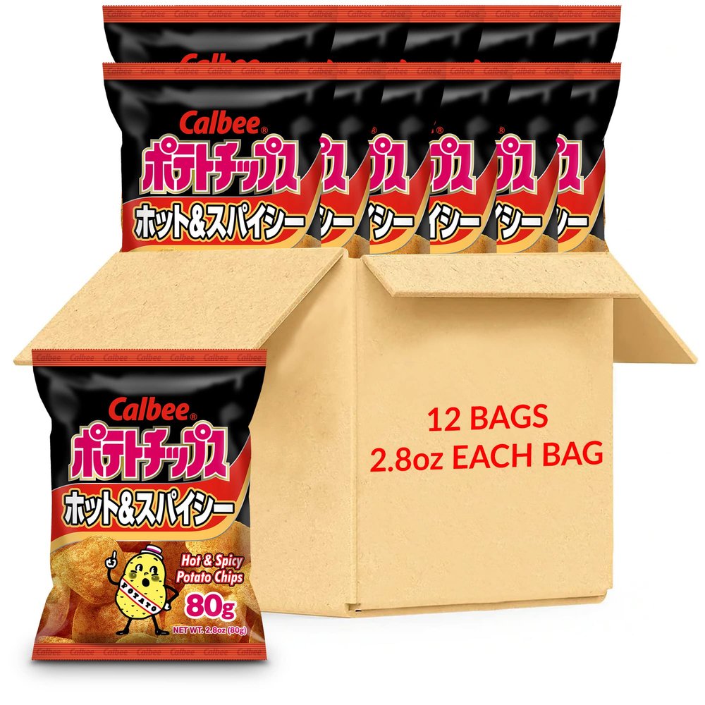 Calbee Potato Chips (Hot & Spicy, 2.8 oz) | Taste The Tradition of Japanese Snacks | Enjoy These Irresistible & Deliciously Crunchy Japanese Chips (12 Pack)