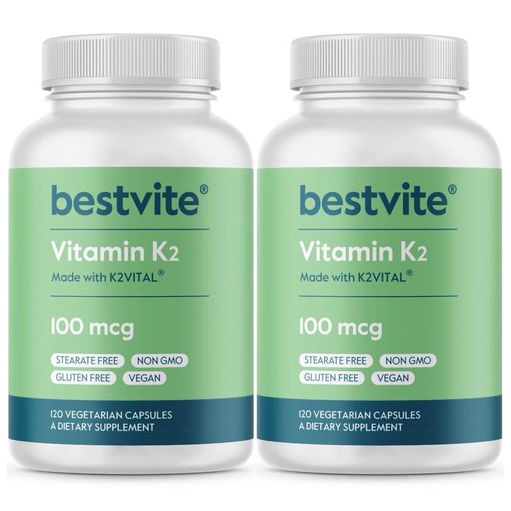 BESTVITE Vitamin K2 100 mcg as MK-7 (240 Vegetarian Capsules)(120x2) - No Stearates - Vegan - Non GMO - Gluten Free