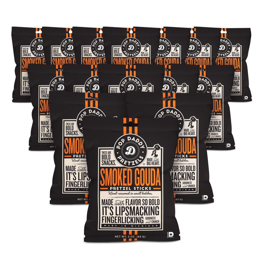 Pop Daddy Flavored Pretzels Sticks, Smoked Gouda Flavor, 3oz Healthy Gourmet Pretzels Snacks, 15 Pack